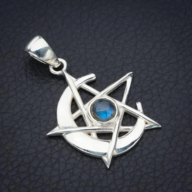 

StarGems Natural Blue Fire Labradorite Star And Moon Handmade 925 Sterling Silver Pendant 1.5" F5241