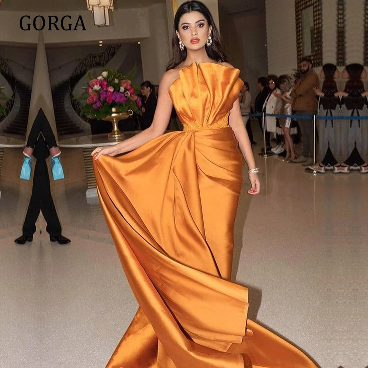 

GORGA Evening Dresses Formal Occasion Elegant Party for Women Prom Court Train Pleat Strapless Asymmetrical Lace Sheath Orange