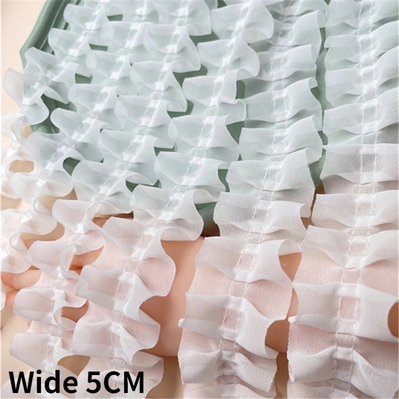 

5CM Wide Luxury White 3D Pleated Chiffon Lace Fabric Embroidery Fringed Ribbon Dress Collar Ruffle Trim DIY Crafts Sewing Decor