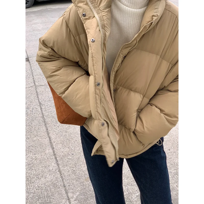 Fashionable Women Down Jacket Korean Version Loose Thick Warm White Eiderdown Stand Collar Bread Jacket Short Winter Coat