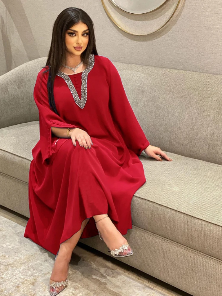 Muslim Woman Abaya Rhinestone Casual Loose Modest Dress Islam Oman Qatar Moroccan Kaftan Dubai Luxury Dresses For Prom