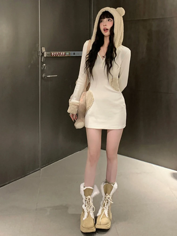 Женское платье Kawaii с милыми медвежьими ушками и капюшоном Y2k Эстетическая туника