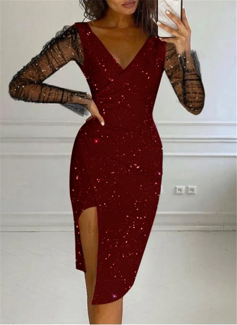 

Sexy Double Crazy Wrap Detail Glitter Party Midi Dress Lady Elegant Clubwear V-neck Side Split Bodycon Dress