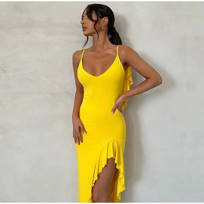 

V-neck Ruffle Backless Sleeveless Sling Dress Sexy Split Women's Beach Gown