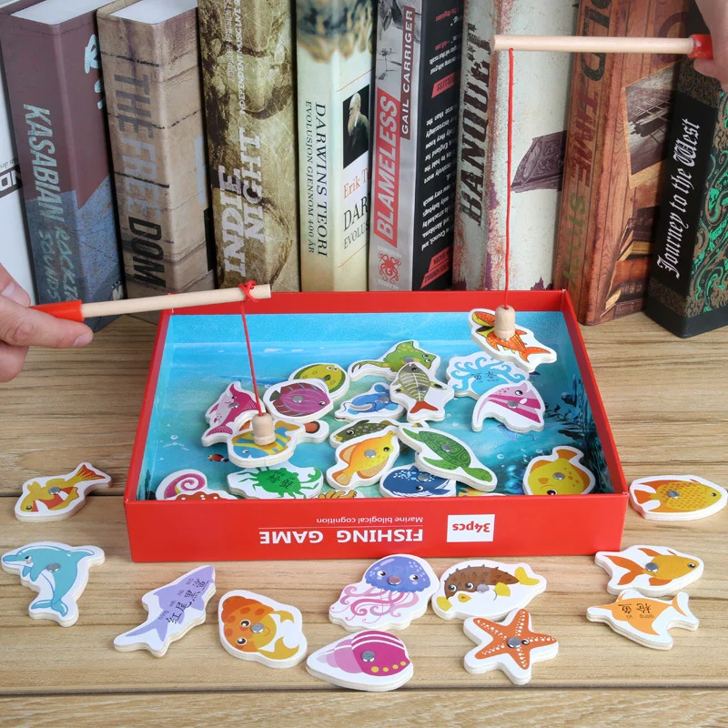 

Wooden Magnetic Fishing Game Marine Life Cognition Fish Rod Early Education Parent-Child Interactive Wooden Toys For Children