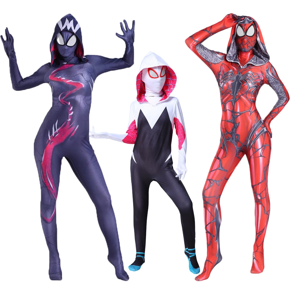 

Anime The Amazing Spiderman Gwen Costume Venom Spandex Mask Hoodie For Women Girl Halloween Carnival Gift