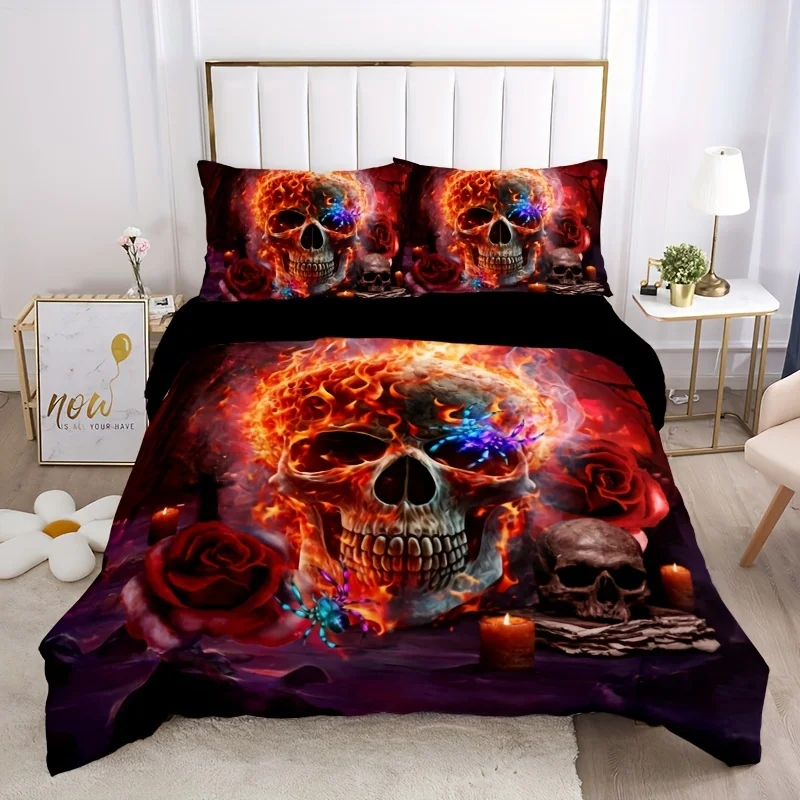 

Colorful Rose Skull Flame Duvet Cover Set - Soft and Breathable Bedding for Bedroom, Guest Room, and Dorm Decor With Pillowcases