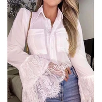 women fashion blouse long trumpet sleeve mesh lace pocket patchwork single breasted lapel slim elegant ladies shirt for summer