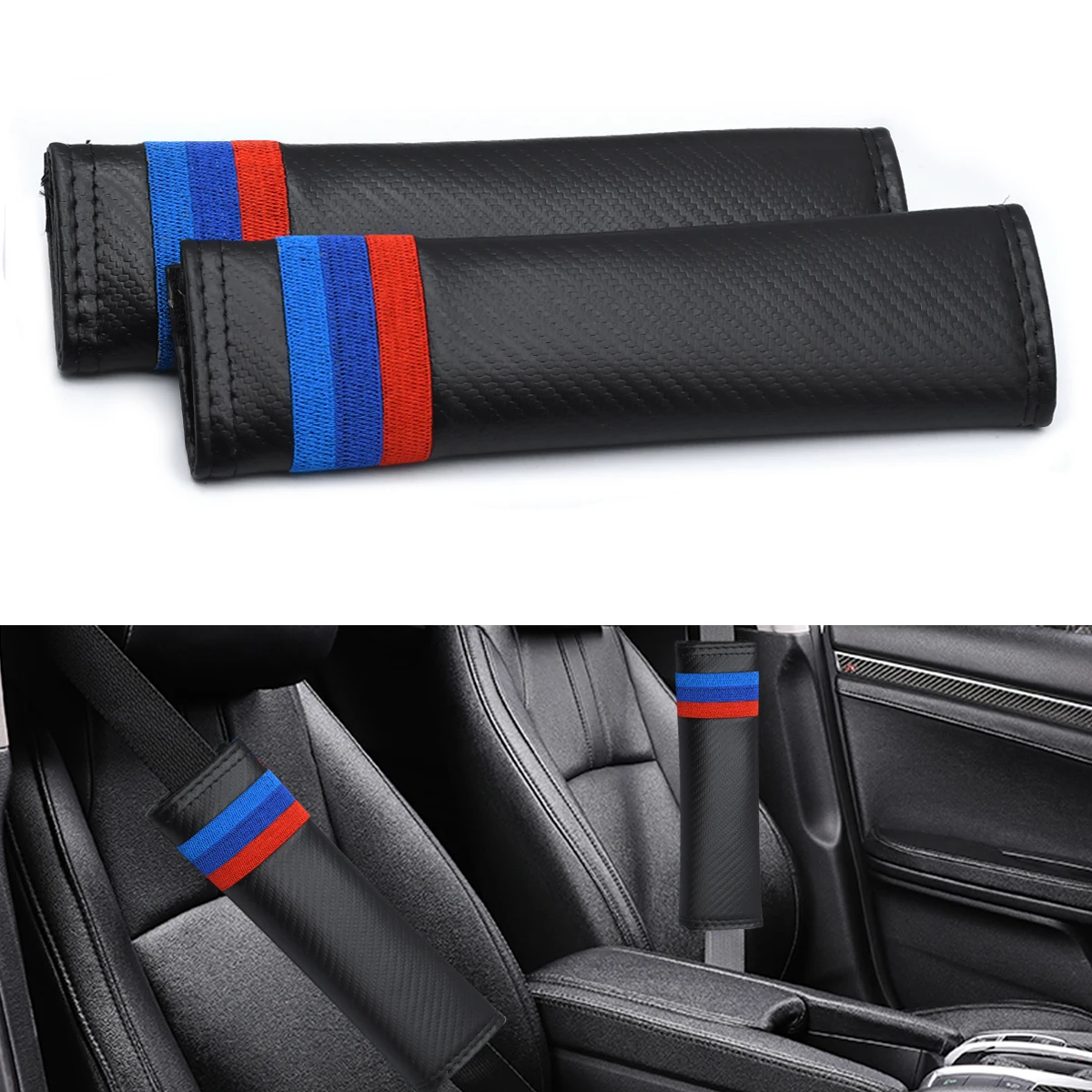 

2pcs Embroidered 3 Tri Color M Car Safety Seat Belt Shoulder Pad Protector Bag Pillow Seatbelt Clips Cover Lether For BMW