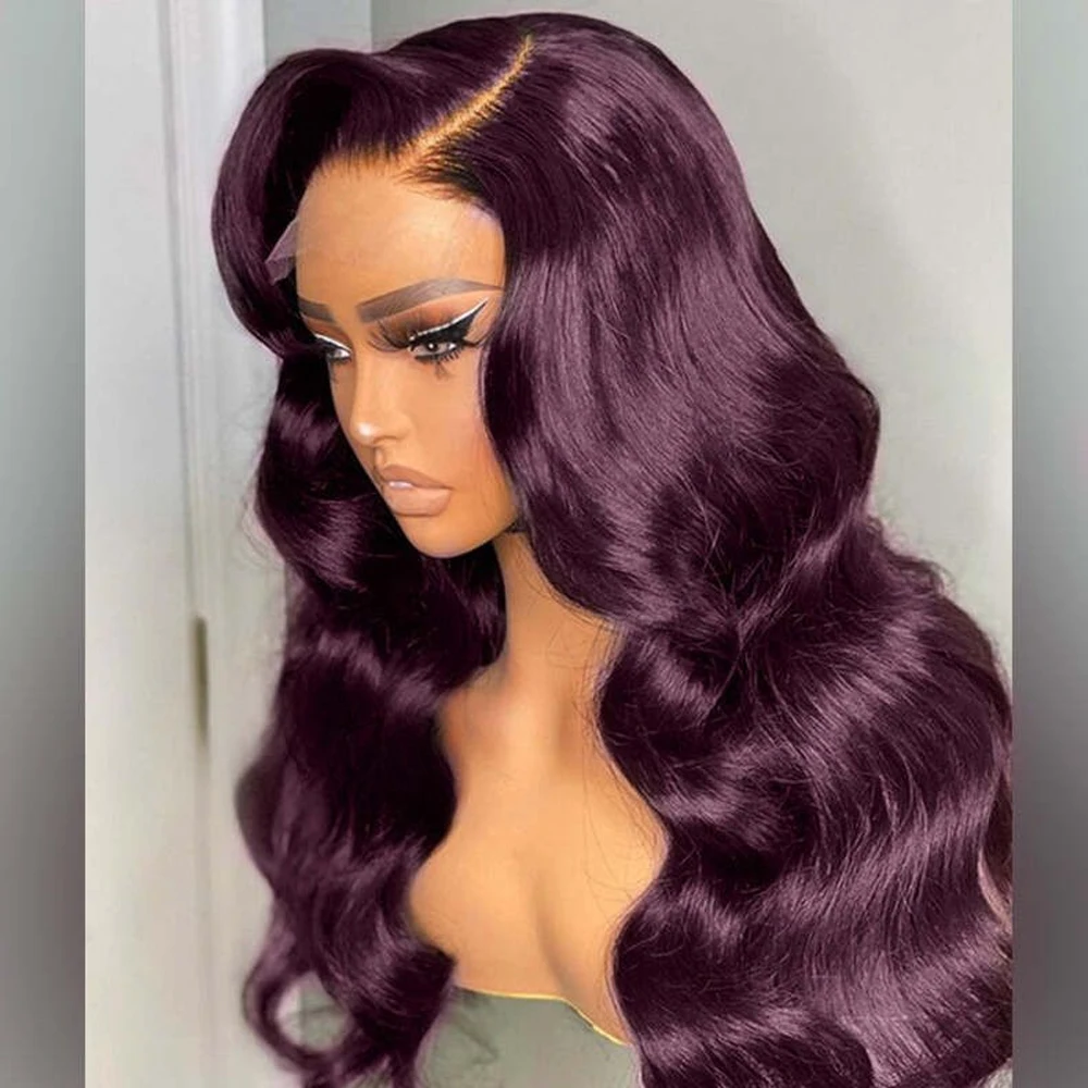 

Темно-бордовый кружевной передний парик, синтетический темно-фиолетовый чистый цвет, волнистый фронтальный парик для черных женщин, предварительно выщипанный с детскими волосами