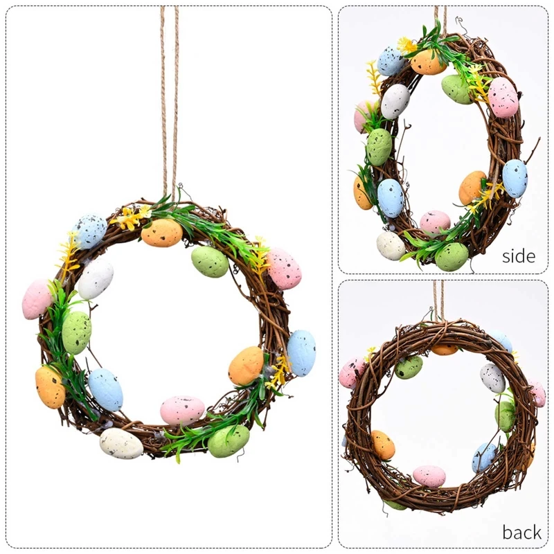 

13 Inch Artificial Easter Wreath with Colored Eggs Rattan Spring Wreath for Door