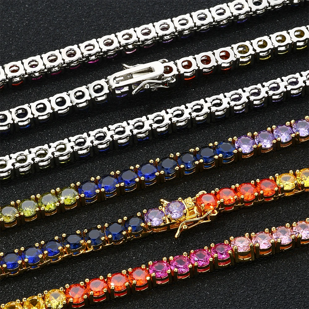Фото Новый 5 мм Iced Out Bling Радуга красочный кубический цирконий CZ теннисная цепочка для женщин и мужчин очаровательное колье-колье ювелирные изделия подарок №3