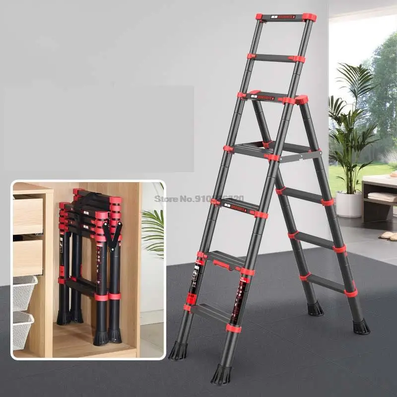 E002 Household Telescopic Ladder Portable Lifting Folding Ladder  Five-Step Ladder Aluminum Herringbone Ladder With Handrail
