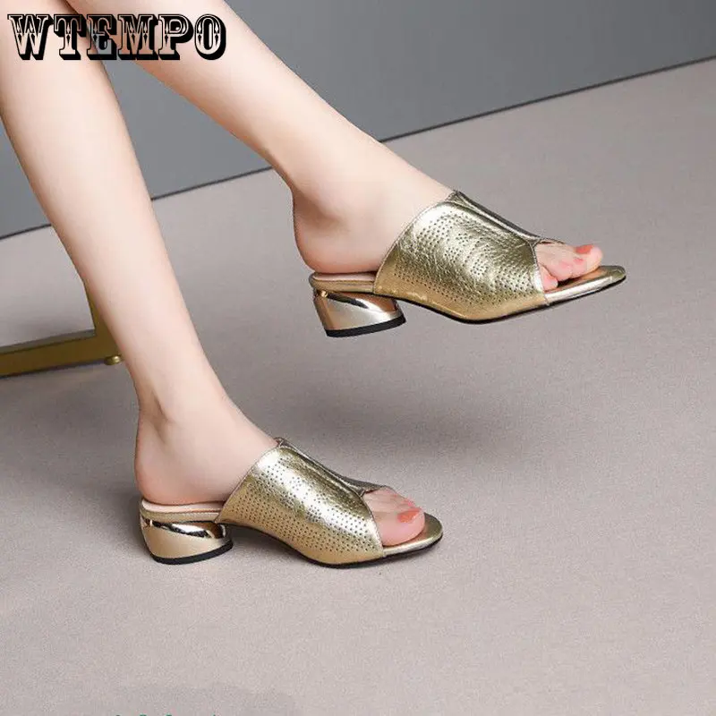 

WTEMPO 34-42 Soft Leather Comfortable Slippers Silver Thick Heels Female High-heeled Sandals Summer Half Slippers Casual Shoes