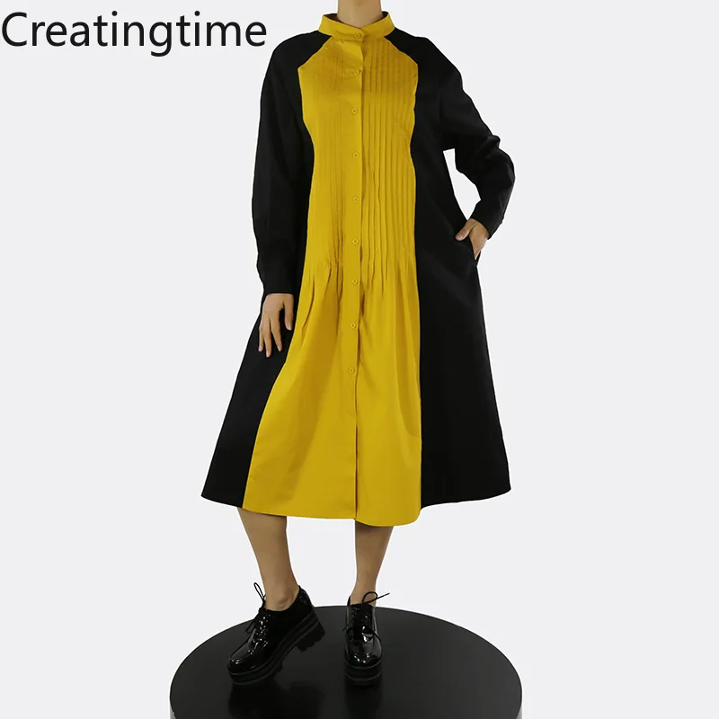 

Creatingtime 2022 Spring New Fashion Tide Women's Simple Contrast Color Stitching Stand Collar Long Sleeve Pleated Dress GA198