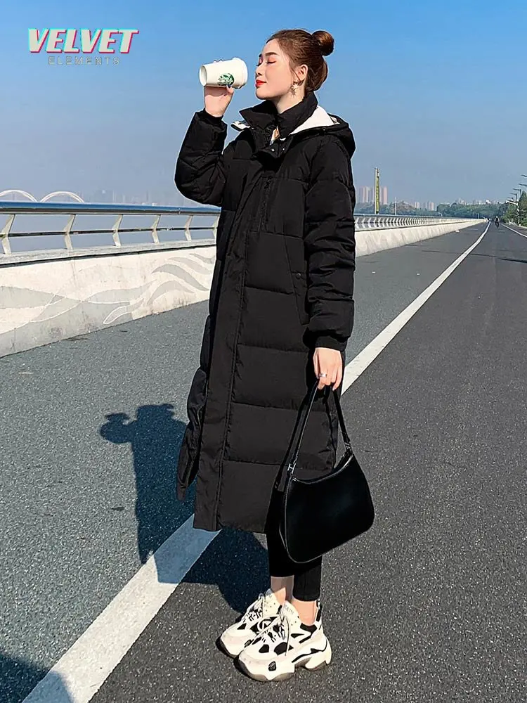 VelvetElement Parka Coat Extra Long Winter Jacket Women Hooded Pocket Zipper Female Lady Windbreaker Coat Casual Outwear Clothes