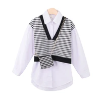 new autumn teenage white blouses korean plaid vest patchwork tops for children girls fashion kids fake two pieces shirt clothes