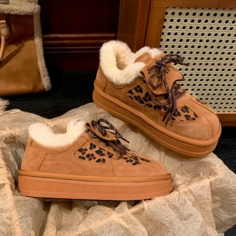 Женская замшевая обувь на платформе с леопардовым мехом плоской подошве теплая