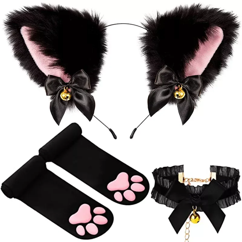 

Lovely Cat Ear Hair Wear Set Claw Gloves Girls Anime Cosplay Costume Plush Cat Fur Ear Hairband Night Party Club Headbands