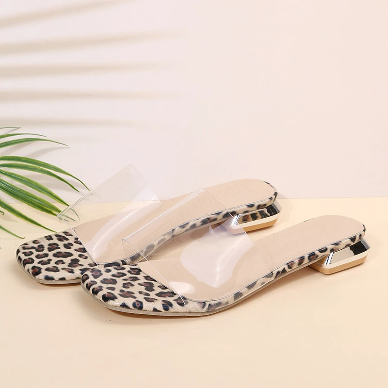 Женские летние тапочки с леопардовым принтом, модные квадратные прозрачные тапочки, тапочки для улицы, новинка 2021