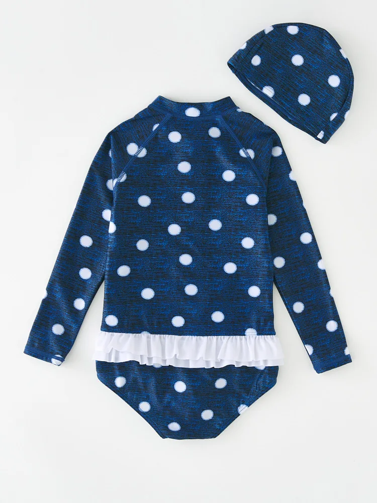 Swimsuit for Girls Polka Dots Rash Guard Girl Long Sleeves Zipper Up Children's Swimwear Anti UV Beach Clothes Bathing Suit Kids