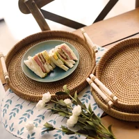 rattan tray basket handmade round tray binaural rattan fruit tray woven basket handle snack basket