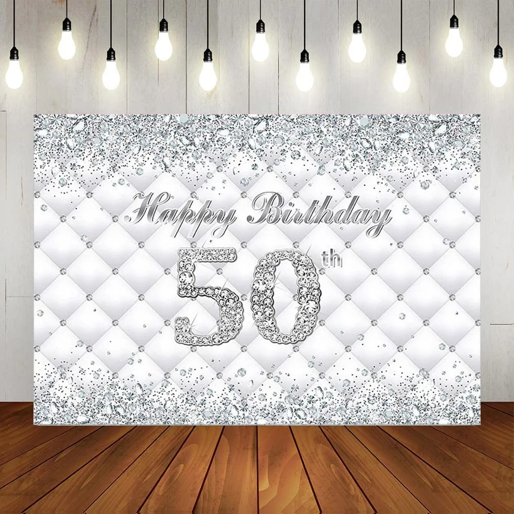 

Withe Silver Happy 40th Birthday Party Backdrop Shining Diamonds Decorations Banner Photography Anniversary Background Poster