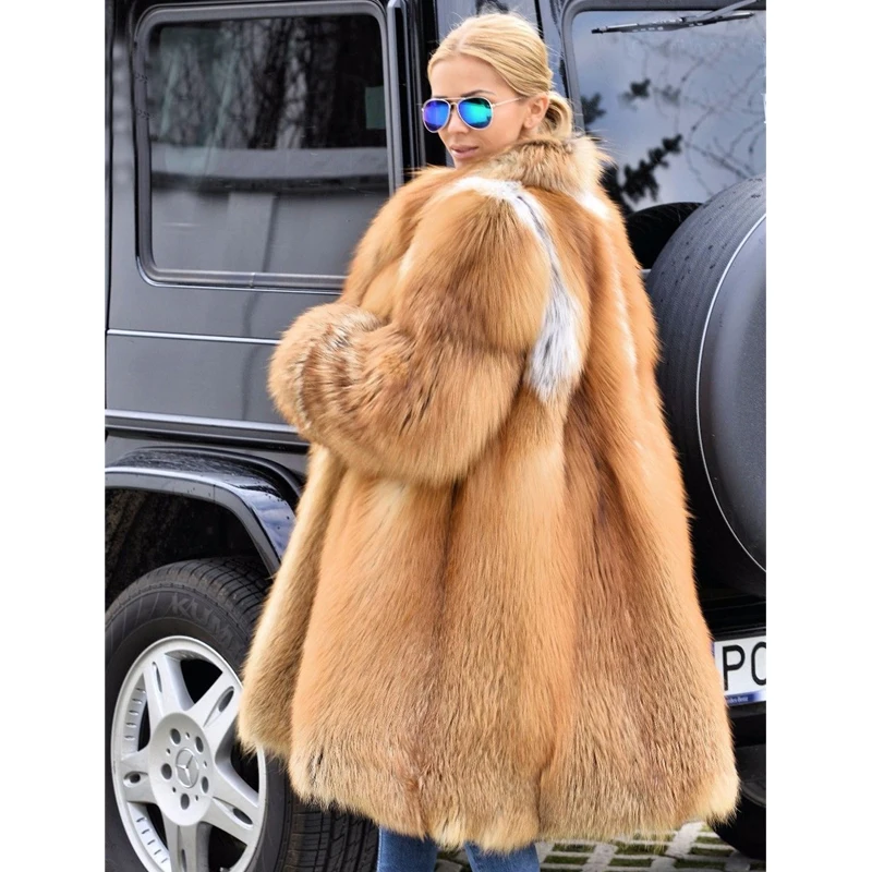 Winter Real Red Fox Fur Coat 90cm Long Thick Warm Luxury Overcoat Women Genuine Whole Skin Fox Fur Coats With Fur Collar