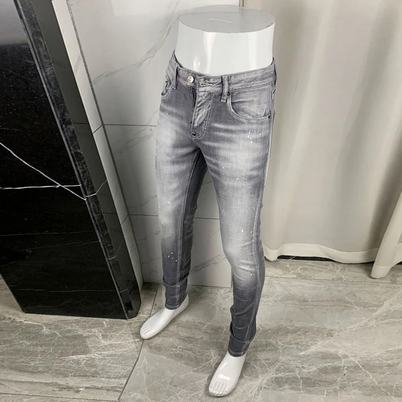 High Street Fashion Мужские джинсы Ретро стираные серые эластичные облегающие рваные