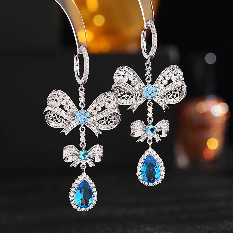 

Роскошные Изящные серьги с фианитами для женщин, характерные серьги, большая атмосфера, двойной бант, серьги-капли