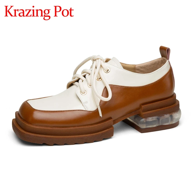 

Krazing pot 2022 new full grain leather square toe med heel mixed colors England style retro fashion cross-tied women pumps L58