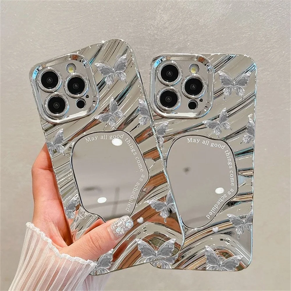 Фото Чехол для телефона INS Butterfly для iPhone 16 Pro, чехол для iPhone 15, 14, 13, 11, 12 Pro Max, зеркало для макияжа с волной, мягкий противоударный чехол-бампер №3