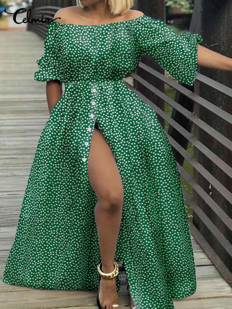 

Женский вечерний сарафан с рукавами-фонариками Celmia, лето 2022, модное Макси-платье с открытыми плечами и разрезом, повседневные Свободные Пла...