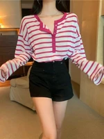 deeptown retro striped t shirt women harajuku oversize tees summer long sleeve sunproof v neck pink tops korean style sweet y2k