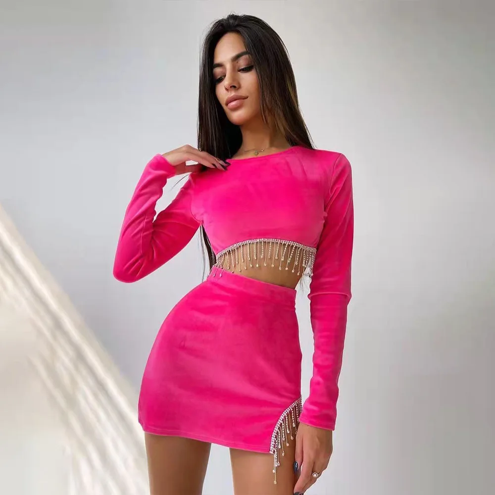 

Diamond Tassel Two-piece Set Women's Velvet Skirt Set Sexy Fringed Backless Top & Mini Skirt Party Two Piece Set Skirt Suit