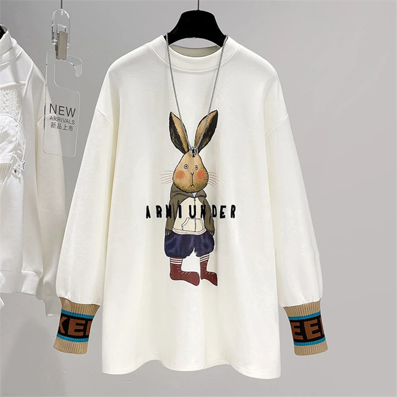 

Sandro Rivers Cartoon Rabbit Letter Printing Knitted Cuffs Embroidery Long Sleeved T-Shirt Splice Top Women