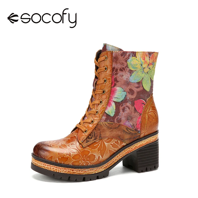 

SOCOFY Retro Floral Print Leather Patchwork Side-zip Comfy Warm Lining Chunky Heel Short Boots Women Vintage Ethnic Boots