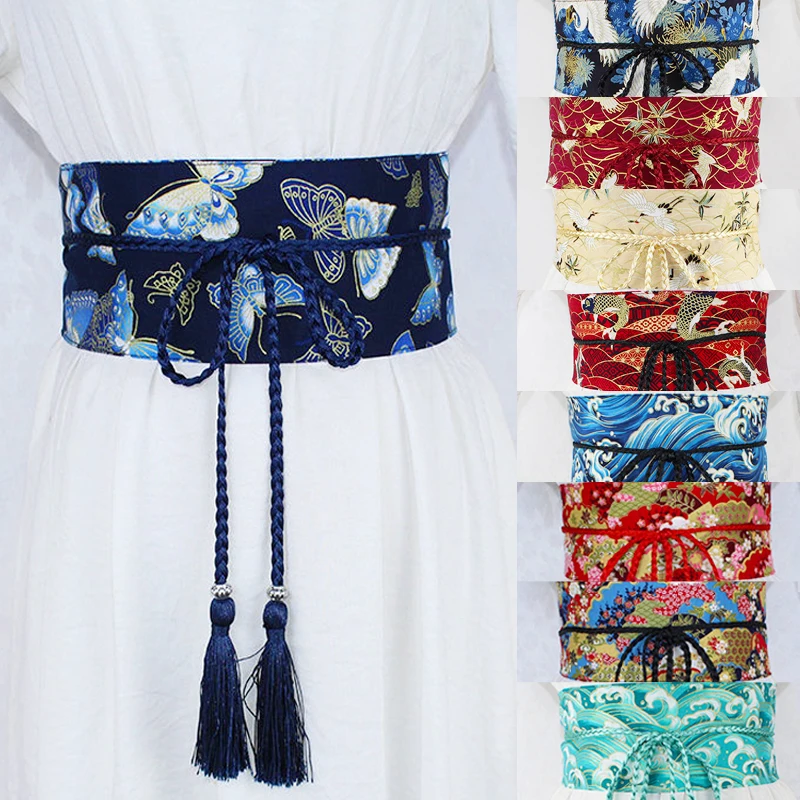 30colors Women Crane Print Waistband Chinese Style Hanfu Dress Tassel Belt Traditional Kimono Fashion Retro Yukata Girdle Belts