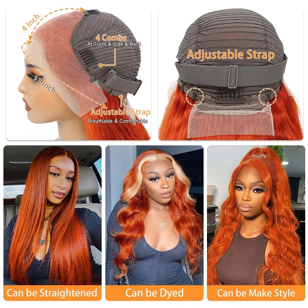 30-дюймовый оранжевый рыжий парик спереди человеческие волосы объемная волна 13x6 Hd