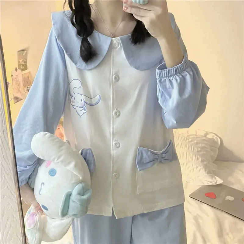 

Kawaii Sanrios Pajamas Cute Hellokittys Cinnamoroll Cartoon Animation Long Sleeve Home Suit Set for Girls Gifts