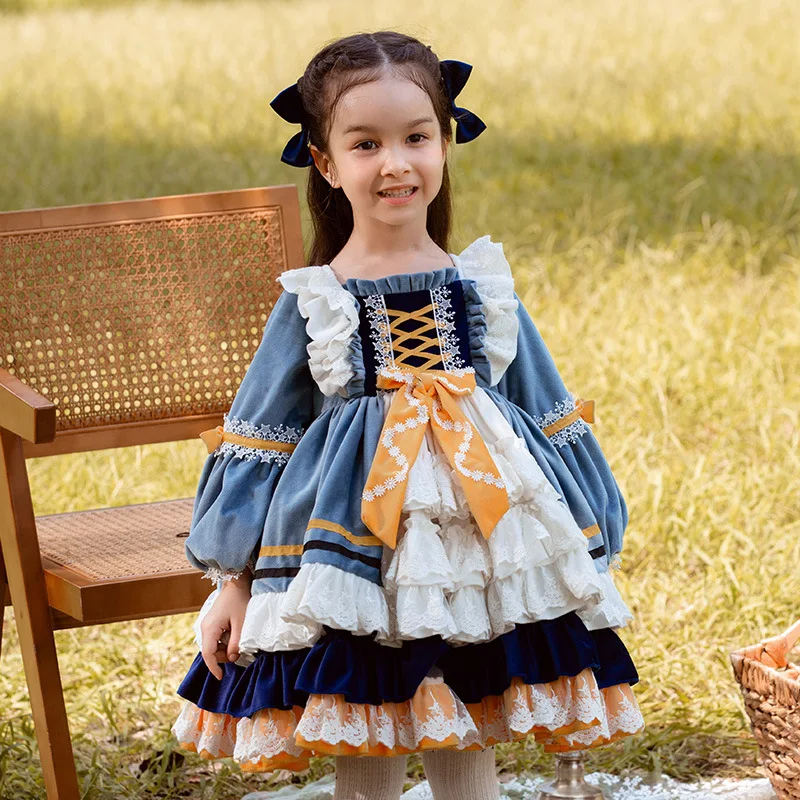 

2023 Baby Girl Dress Spring Autumn Vintage Spanish Pompom Ball Gown Princess Lolita Dress Children Girl Birthday Eid Dress 1-8Y