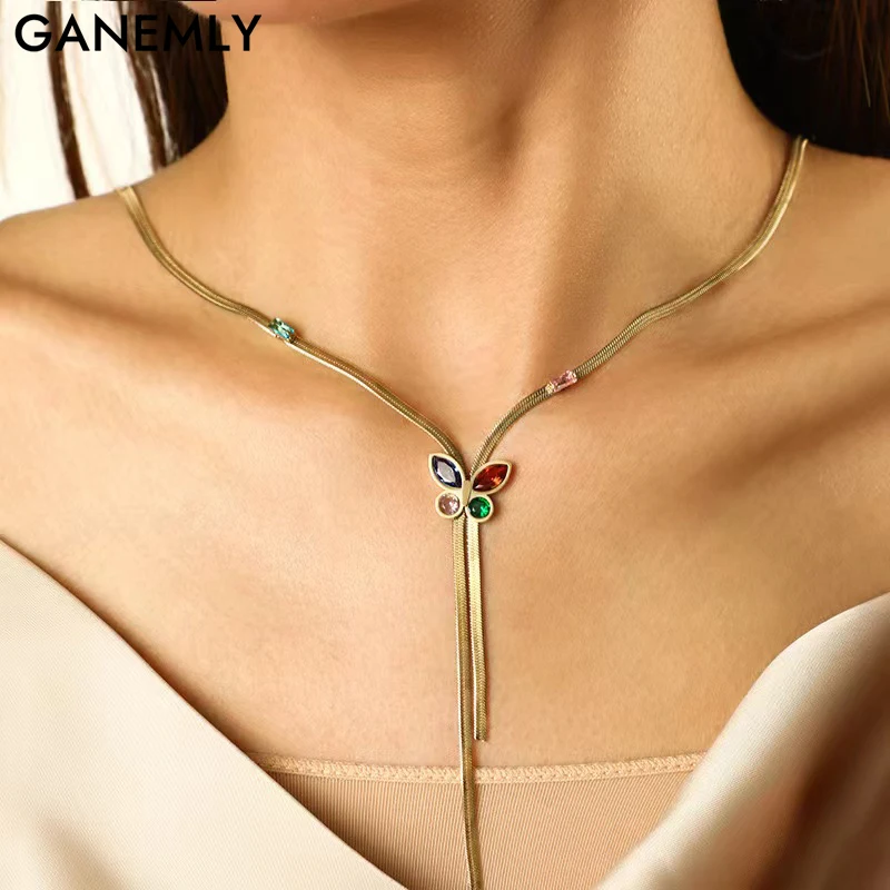 Ожерелье GANEMLY из нержавеющей стали 316L с цветным цирконием и бабочкой ожерелье