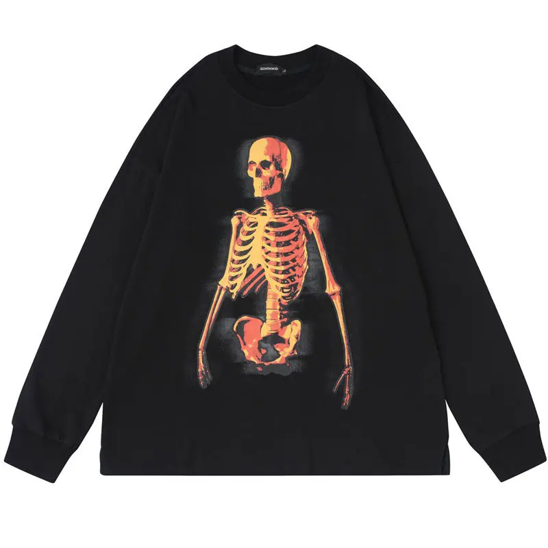 

Hip Hop Sweatshirt Men Hoodie Streetwear Skull Skeleton Print Punk Gothic Pullover 2022 Harajuku Fashion Casual Cotton Loose Top