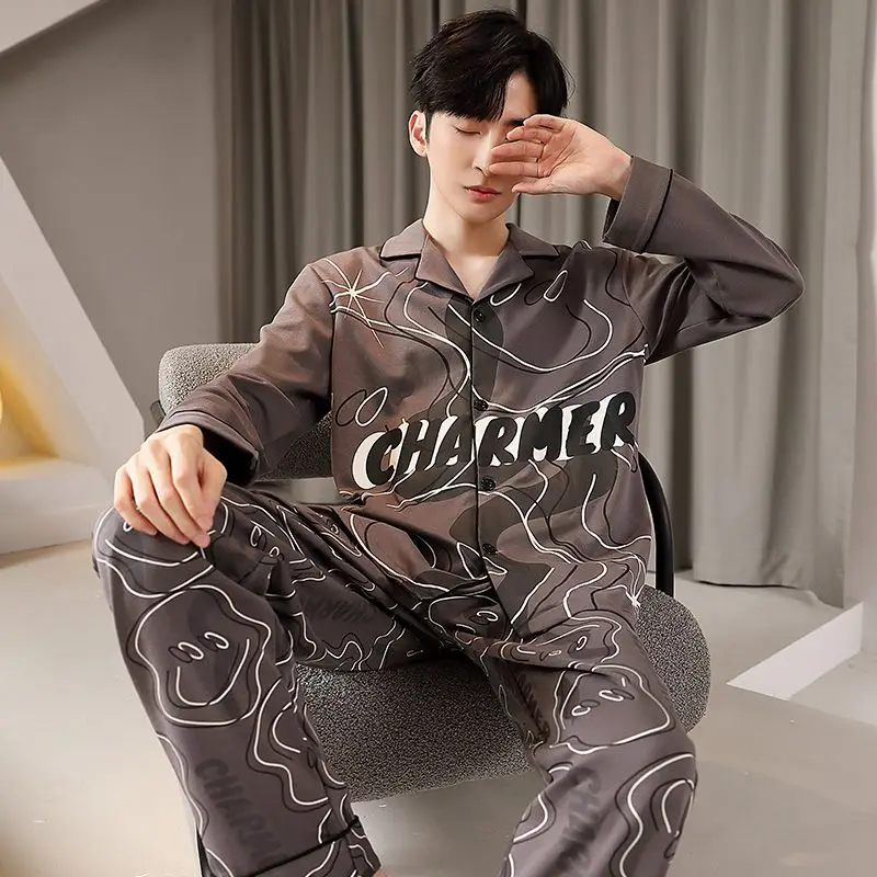 1 Men's pajamas Men's pure cotton spring and autumn summer long sleeves can be worn outside the home suit All cotton thin style