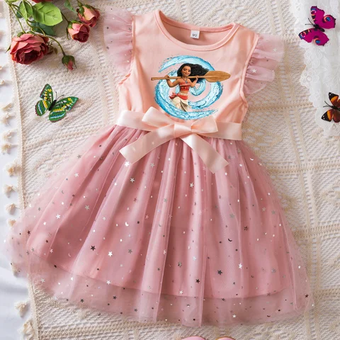 Платье-пачка летнее розовое с бантом и блестками, для девочек