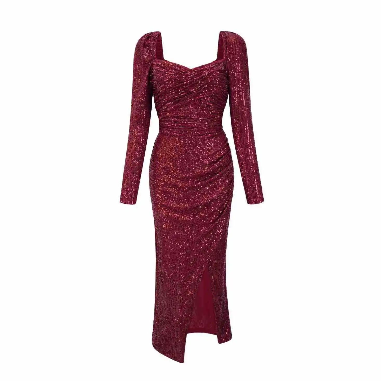 

Классическое женское платье цвета шампань с золотым покрытием и блестками, банкетные вечерние платья, облегающая женская вечерняя одежда с длинным рукавом и разрезом