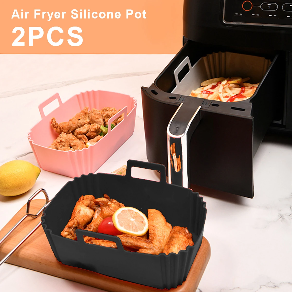 

2Pcs Air Fryer Silicone Pot with Handle Reusable Air Fryer Liner Heat Resistant Air Fryer Silicone Basket Rectangle Baking Pan