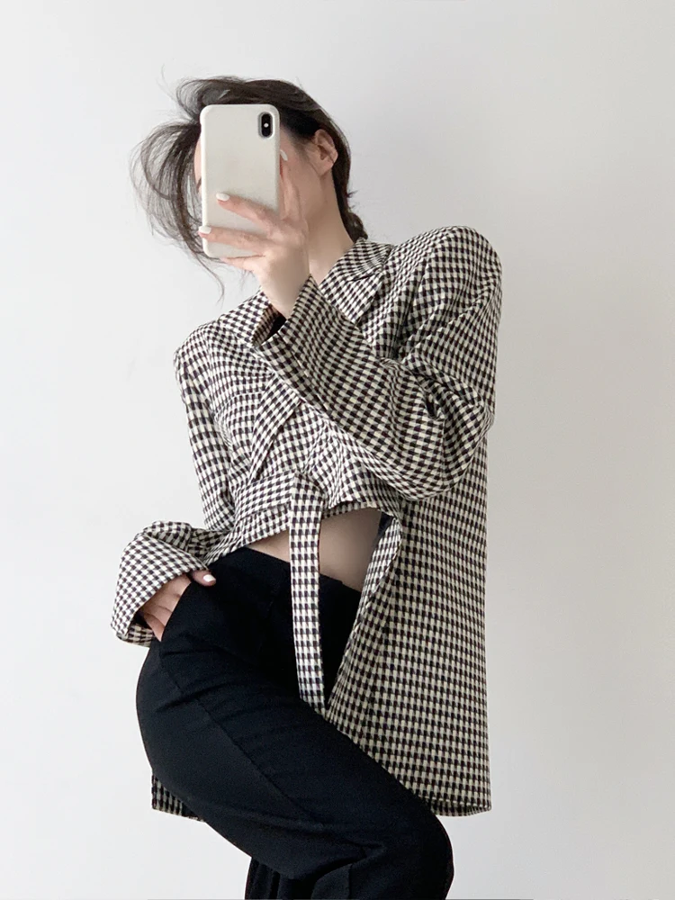 Irregular Bird Check French Suit Short Coat Women's 2022 Spring Autumn New Crop Top Outwear