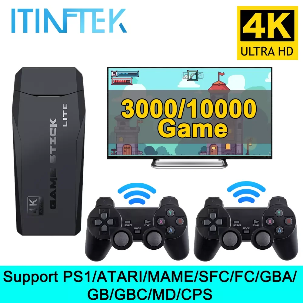 

Wireless Video Game Console 4K HD Display on TV Projector Monitor Classic Retro 64GB 10000 Games Double Controller