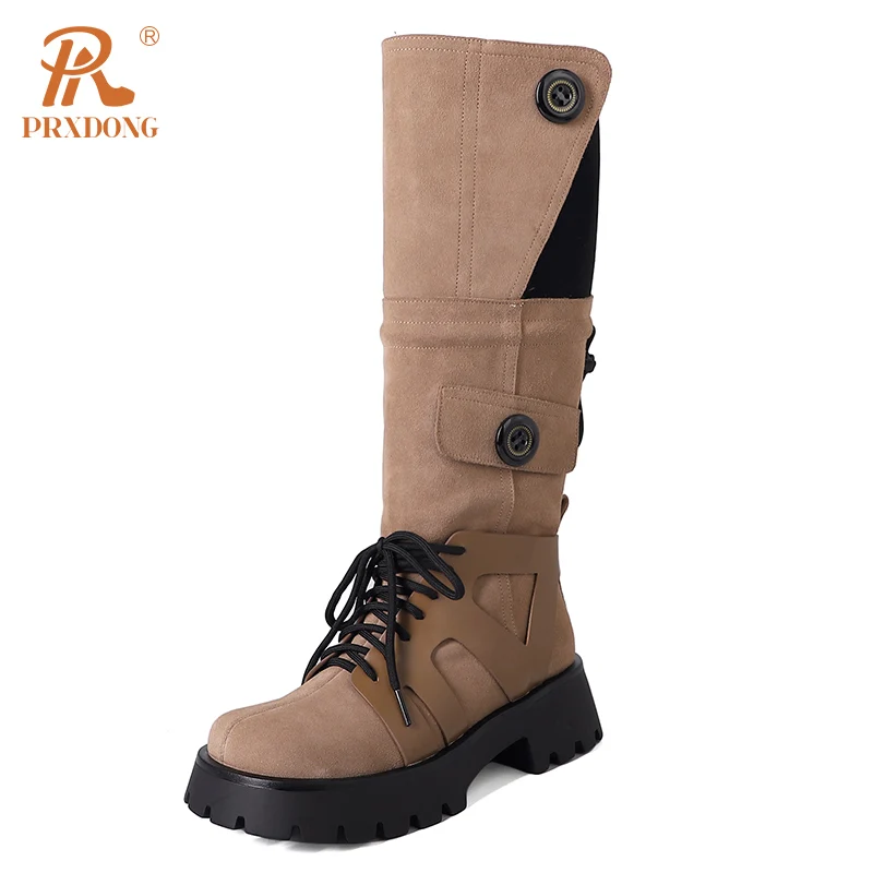

PRXDONG New Brand Autumn WInter Warm Shoes Knee HIgh Boots For Women Chunky Med Heel Punk Black Khaki Dress Casual Western Boots